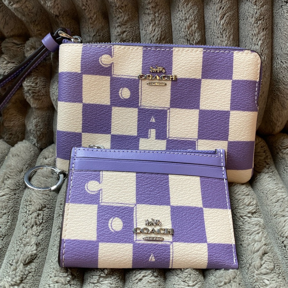 Coach Lavender and Cream Checker Wristlet & Card Case Set
